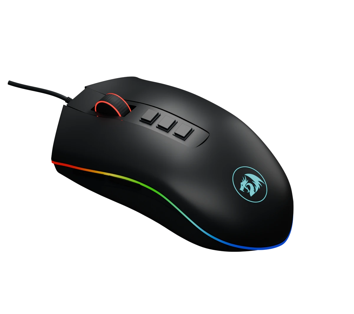Independent illustration of a black M711 mouse with multicolored edge lighting