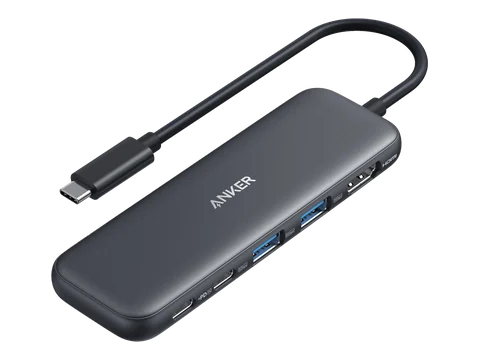 Anker 332 USB-C Hub A8355 Black with its attached USB-C host cable and five ports